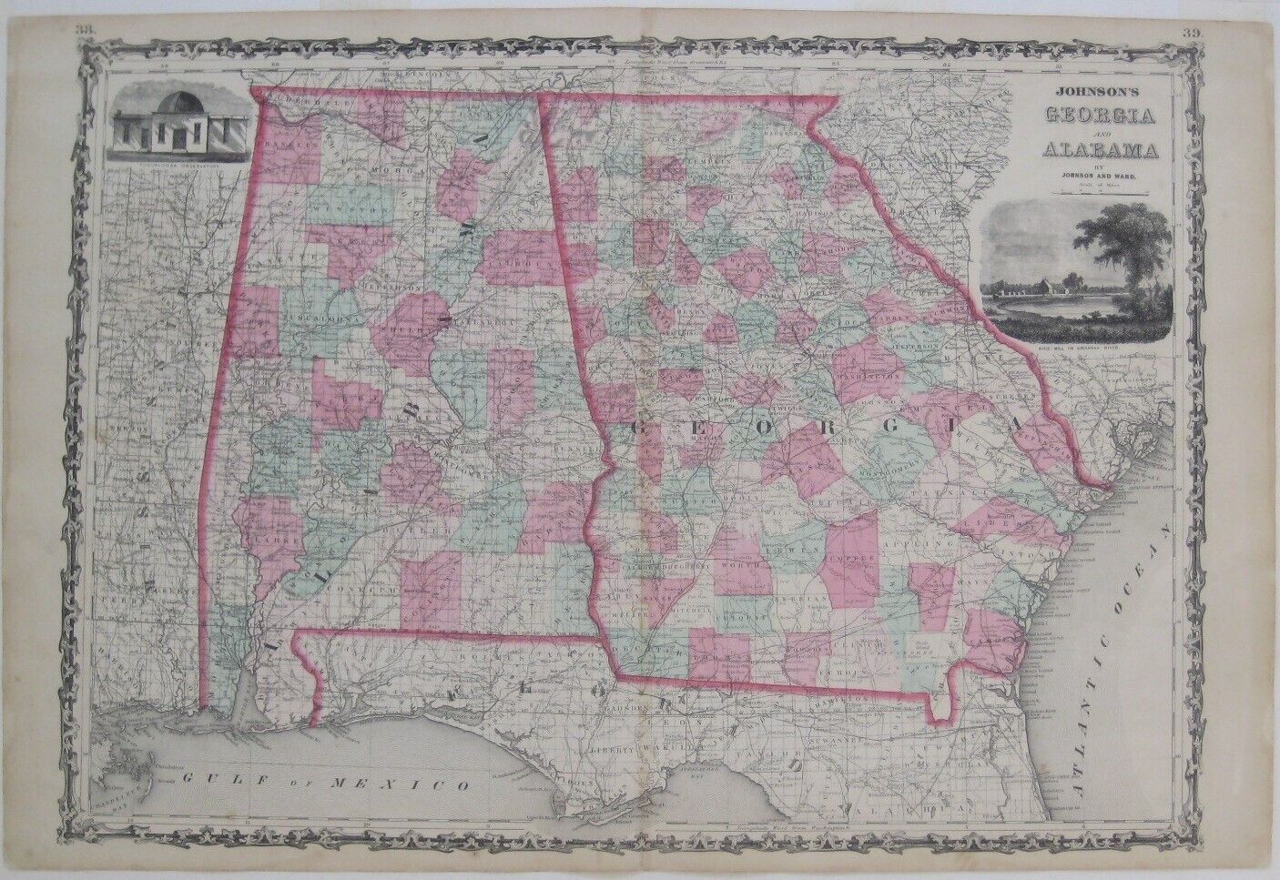 Original 1862 Antique Map JOHNSON\'S GEORGIA & ALABAMA Tuscaloosa Savannah River