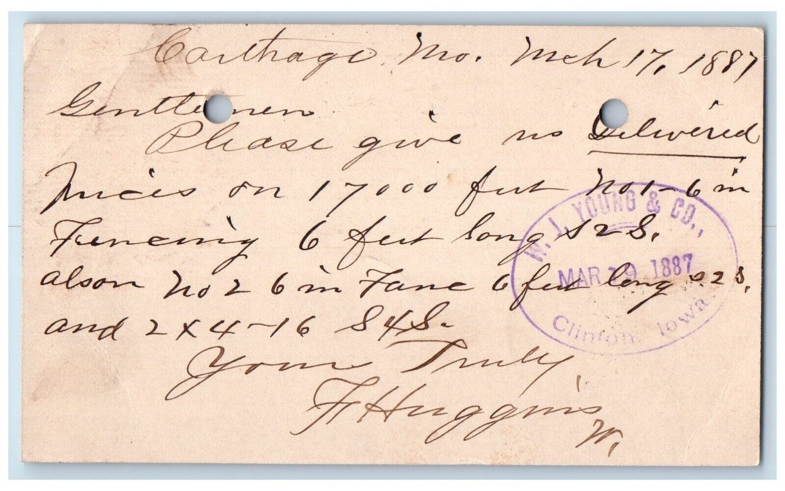 1887 Fencing F Higgins Carthage Missouri MO Clinton Iowa IA Postal Card