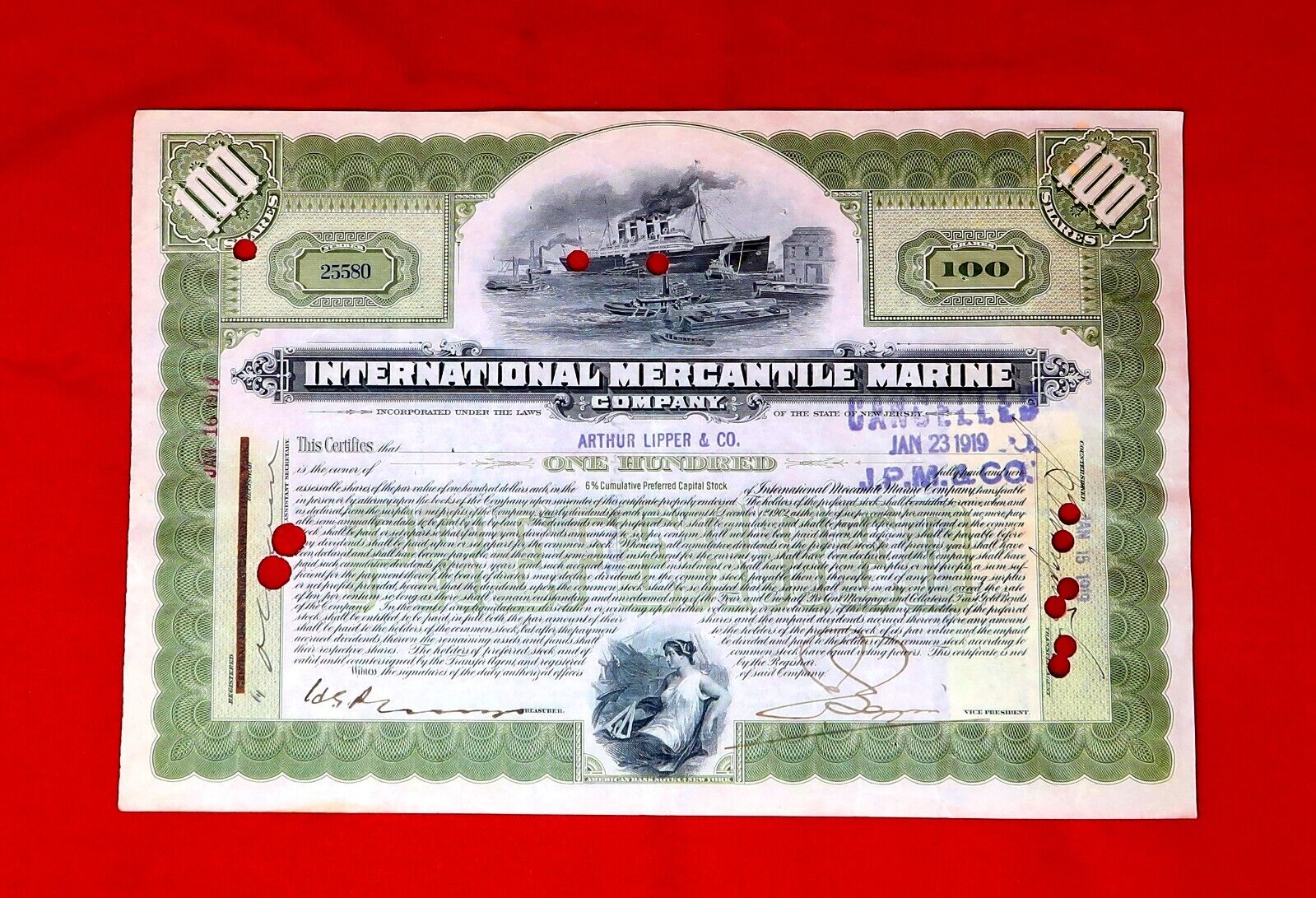 1919 Antique International Mecantile Marine Company 100 Shares 4 Stamps