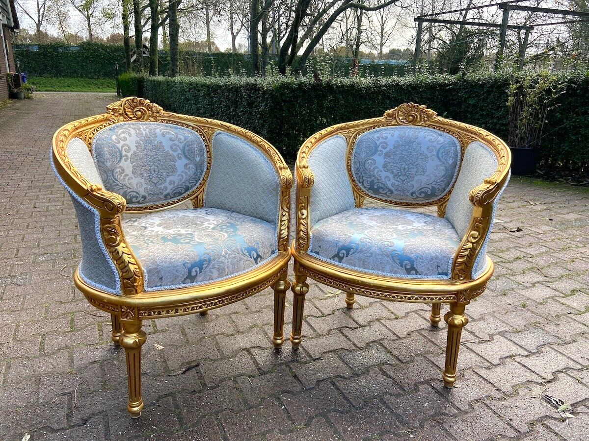 Vintage Pair of French Corbeille Chairs (1940) - Exquisite Damask Upholstery