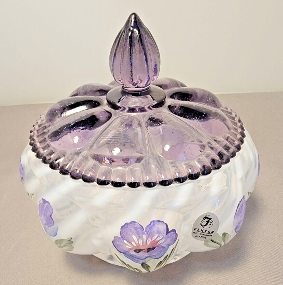 Vintage Fenton White/Violet Opalescent Hand Painted Covered Dish Violet Flowers