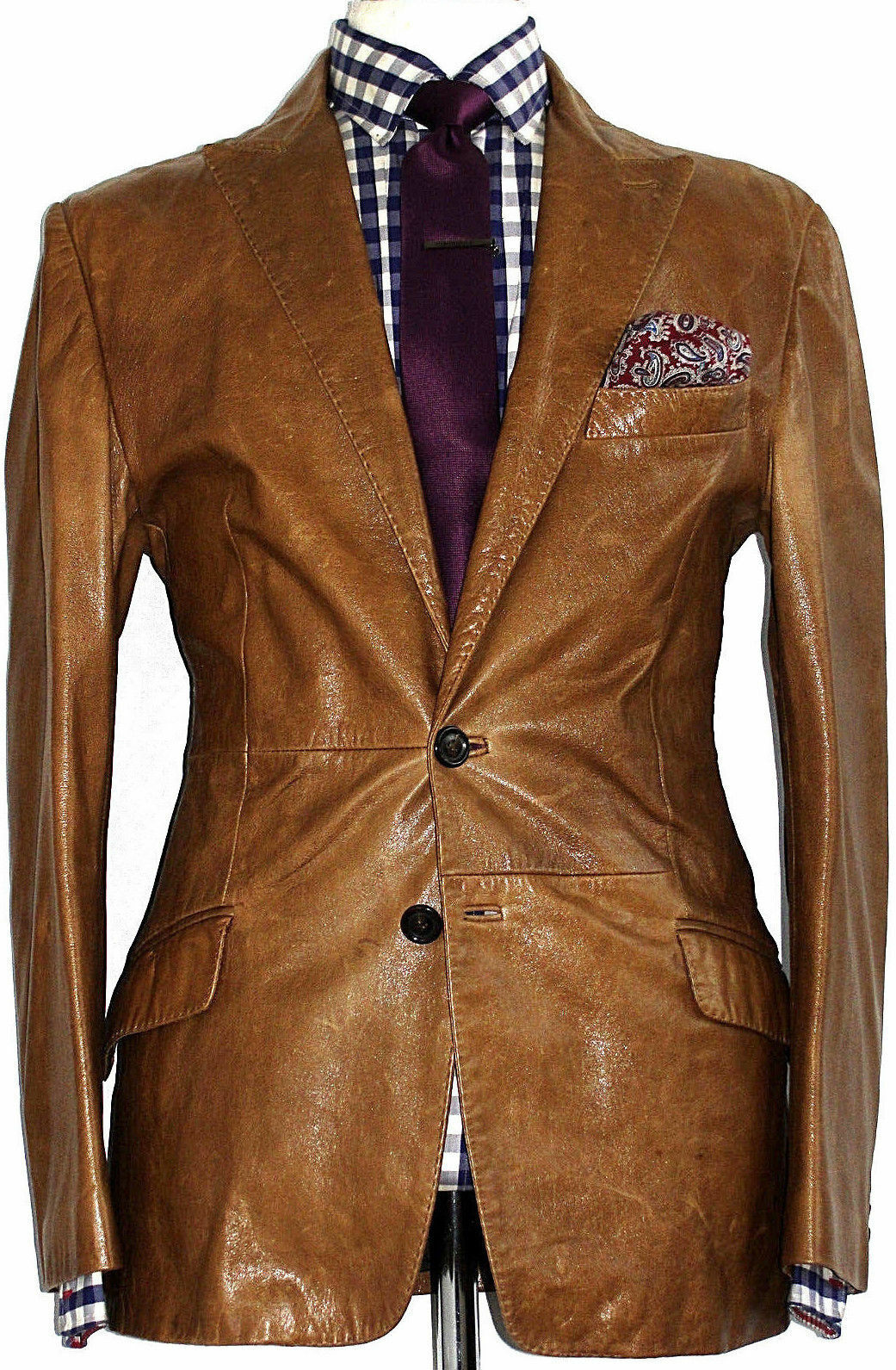 Men\'s 100% Genuine Lambskin Leather Blazer Coat TWO BUTTON Vintage Brown Jacket