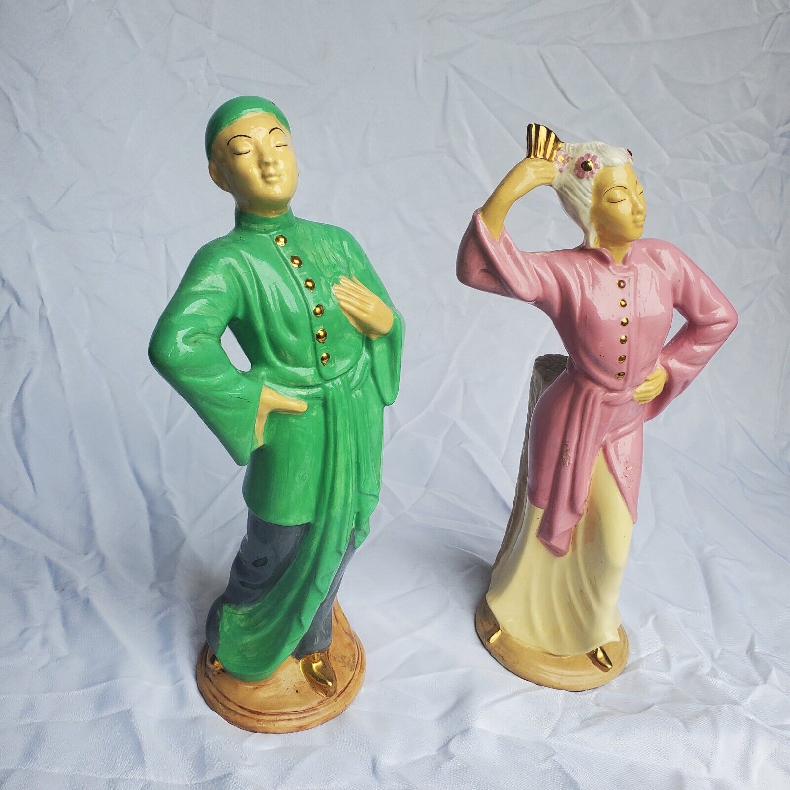 Unique Fine Pair Vintage or Antique Chinese Sancai Glazed Man & Woman 18” Tall F