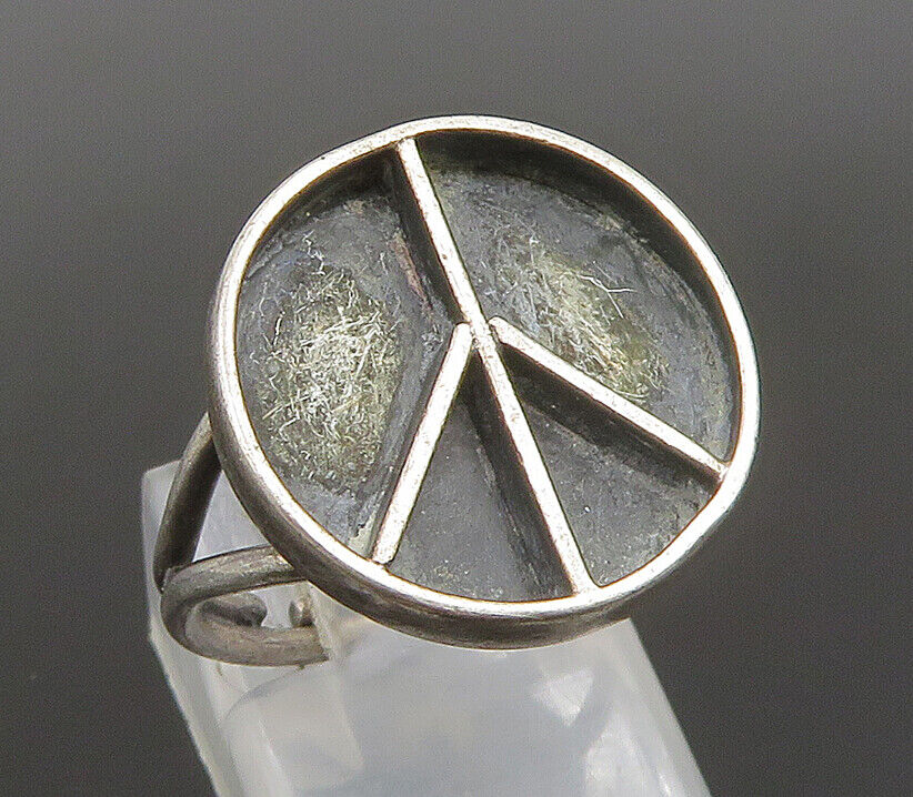 BEAU 925 Silver - Vintage Carved Peace Sign Split Shank Ring Sz 6 - RG25312