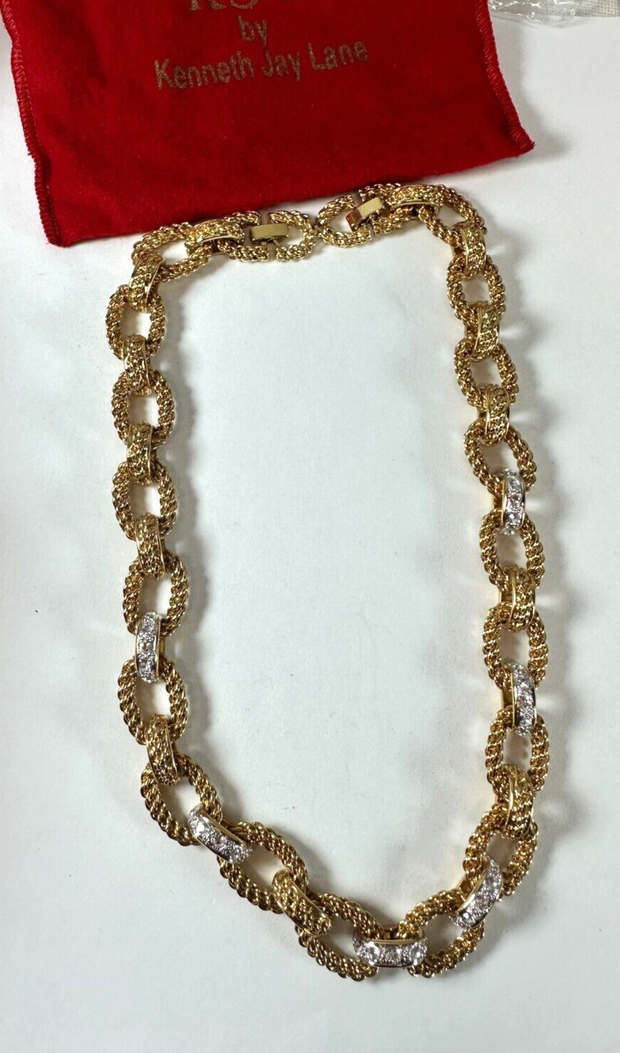 Vintage Necklace Kenneth Jay Lane Chain LInk Chunky Rhinestone Goldtone