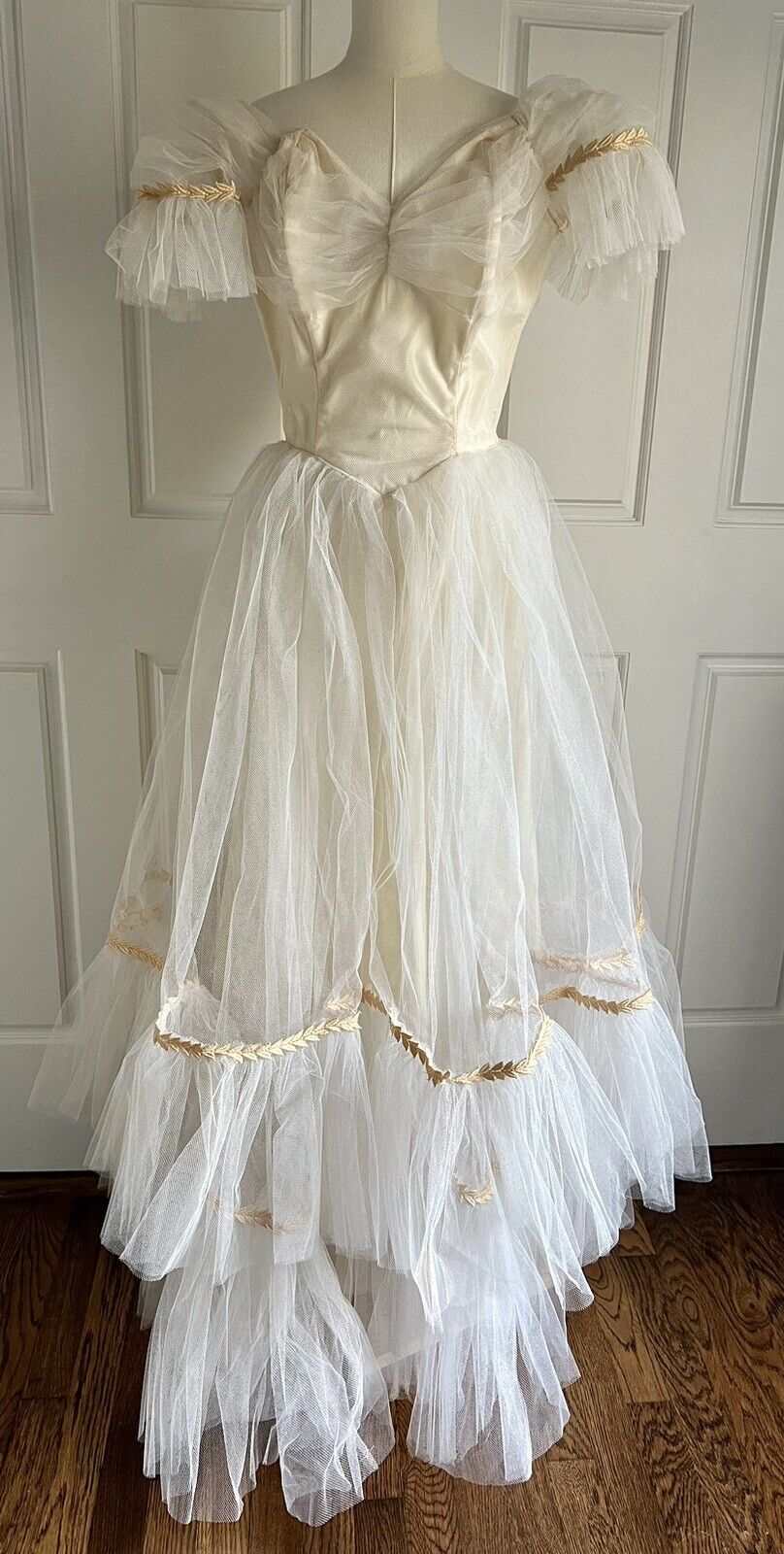 Vintage 1950\'s Ivory Emma Domb Tulle Layered Cupcake Gown Dress & Arm Bands Sz S