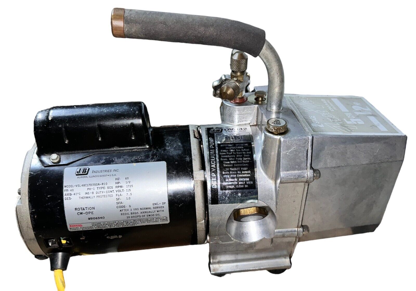 JB Industries DV-142N Vacuum Pump 5 CFM 1/2 Horse Power Motor Fast Vac