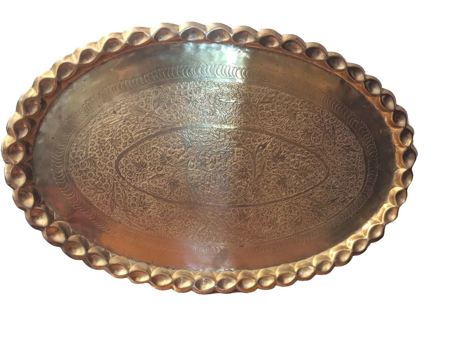 Vintage Oval Solid Brass Floral Etched Fluted Tray Serving Platter Decor 24”x15”