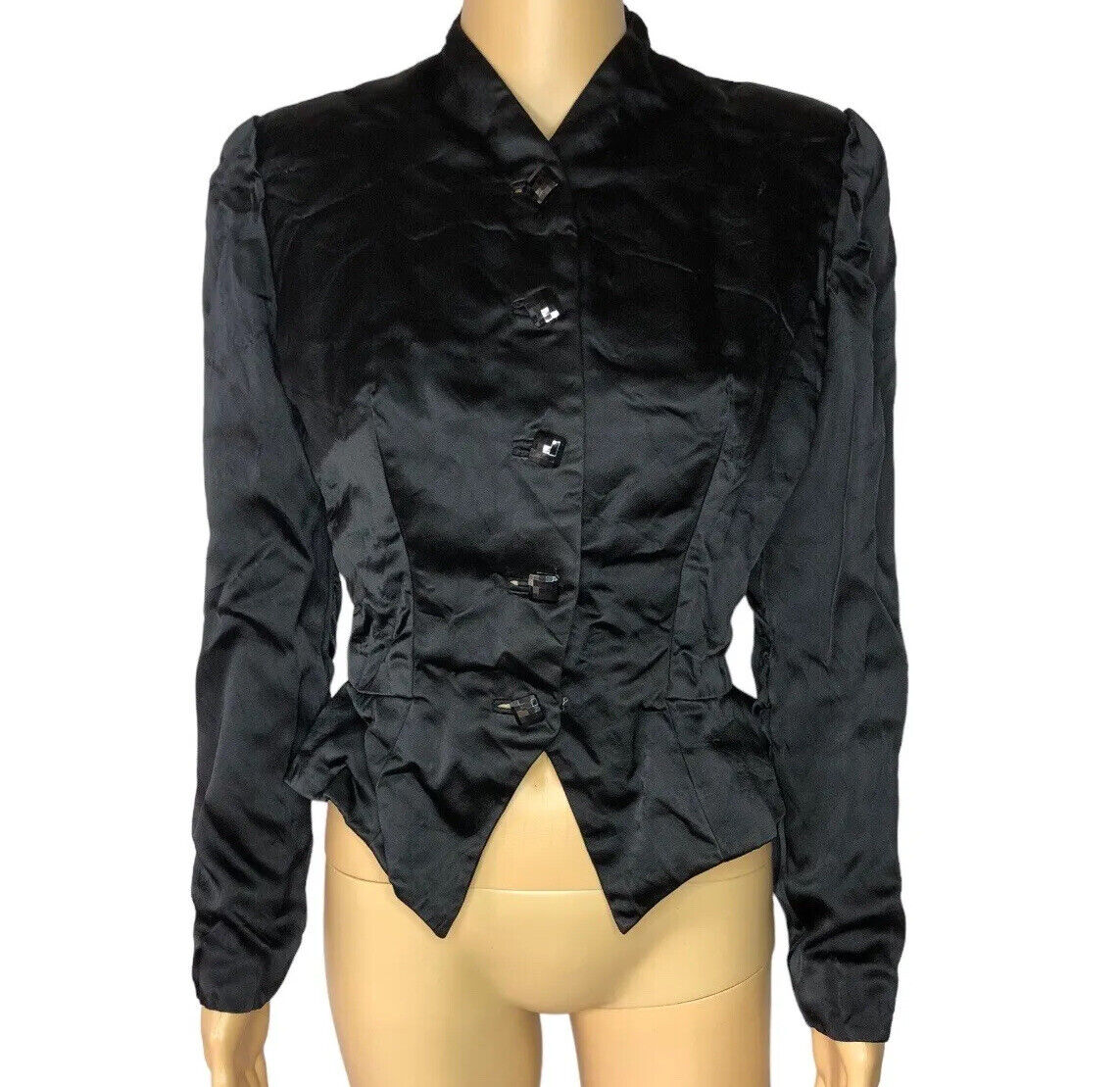 Antique Victorian 19TH C Black Satin Silk S Bodice Jacket Edwardian Button Front