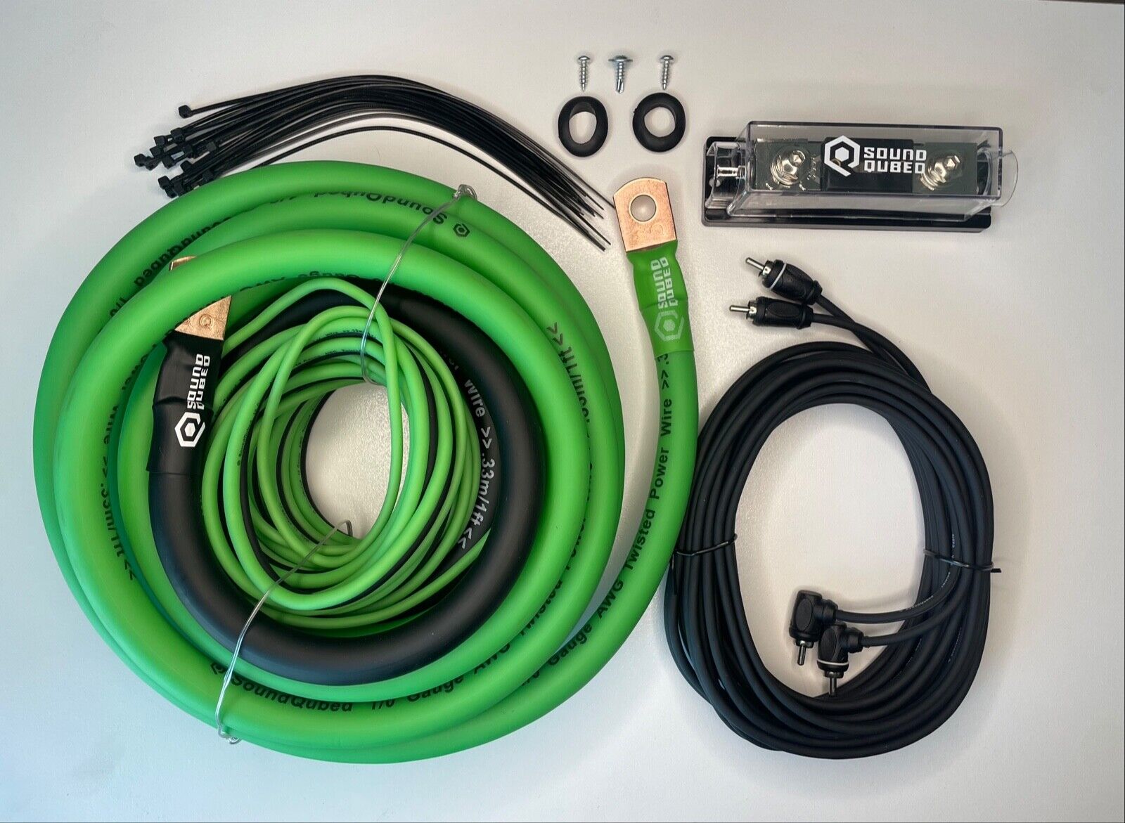 Soundqubed 1/0 Gauge Amplifier Wiring Kit - CCA Wire - Amp Kit Green/Black