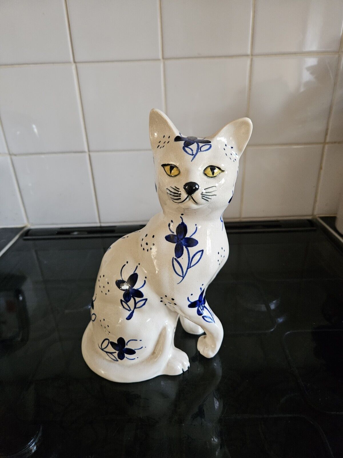 Vintage Italian Pottery Blue White Sitting Cat 