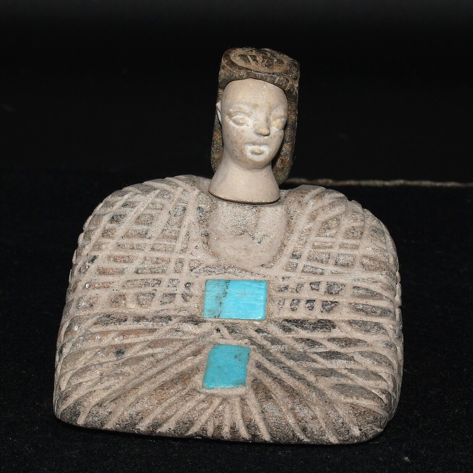 Large Ancient Bactrian Margiana Stone Idol Statue with Turquoise Stone Inlay