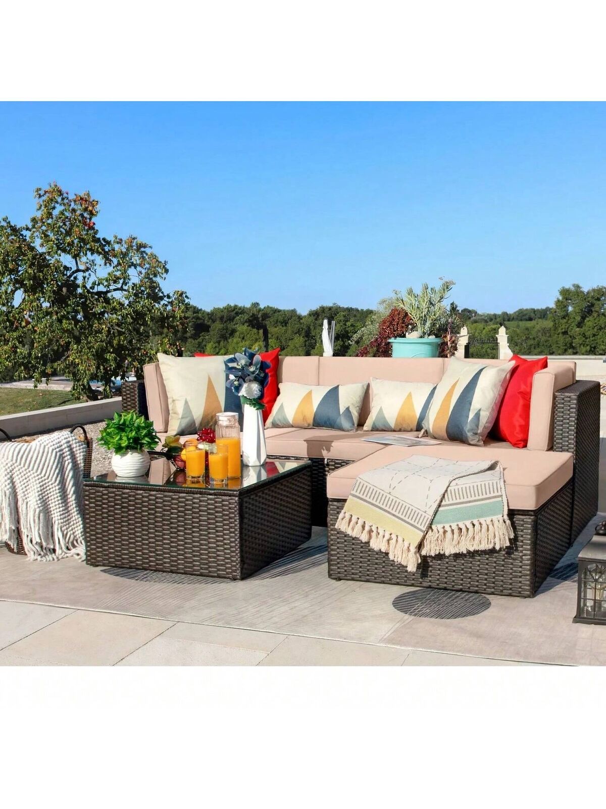 5 Pcs Patio Furniture Outdoor PE Rattan Wicker Lawn Conversation Cushioned Set