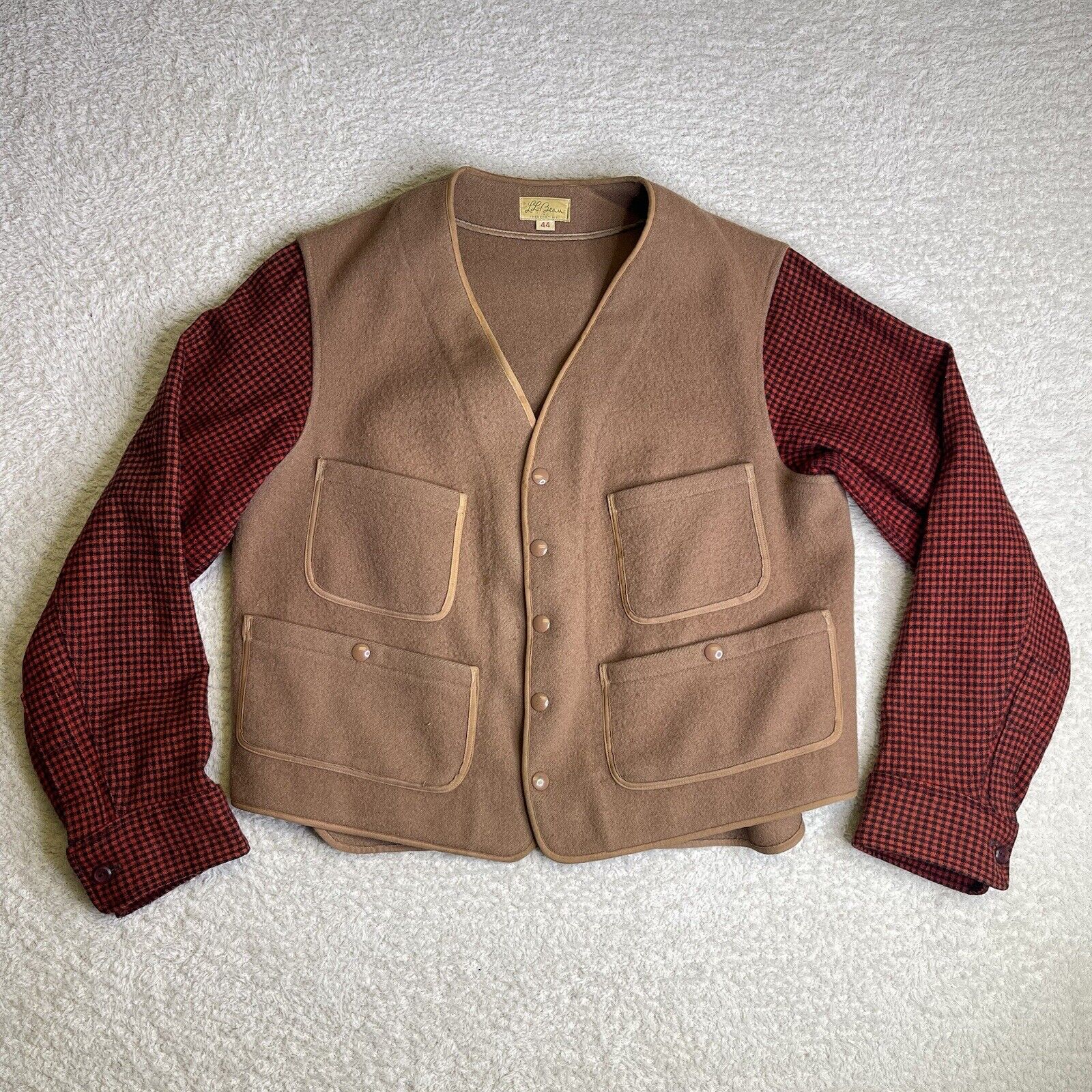 Vintage 50\'s LL Bean Sport Vest Mens 44 Wool Snap Button Brown Plaid Hunting