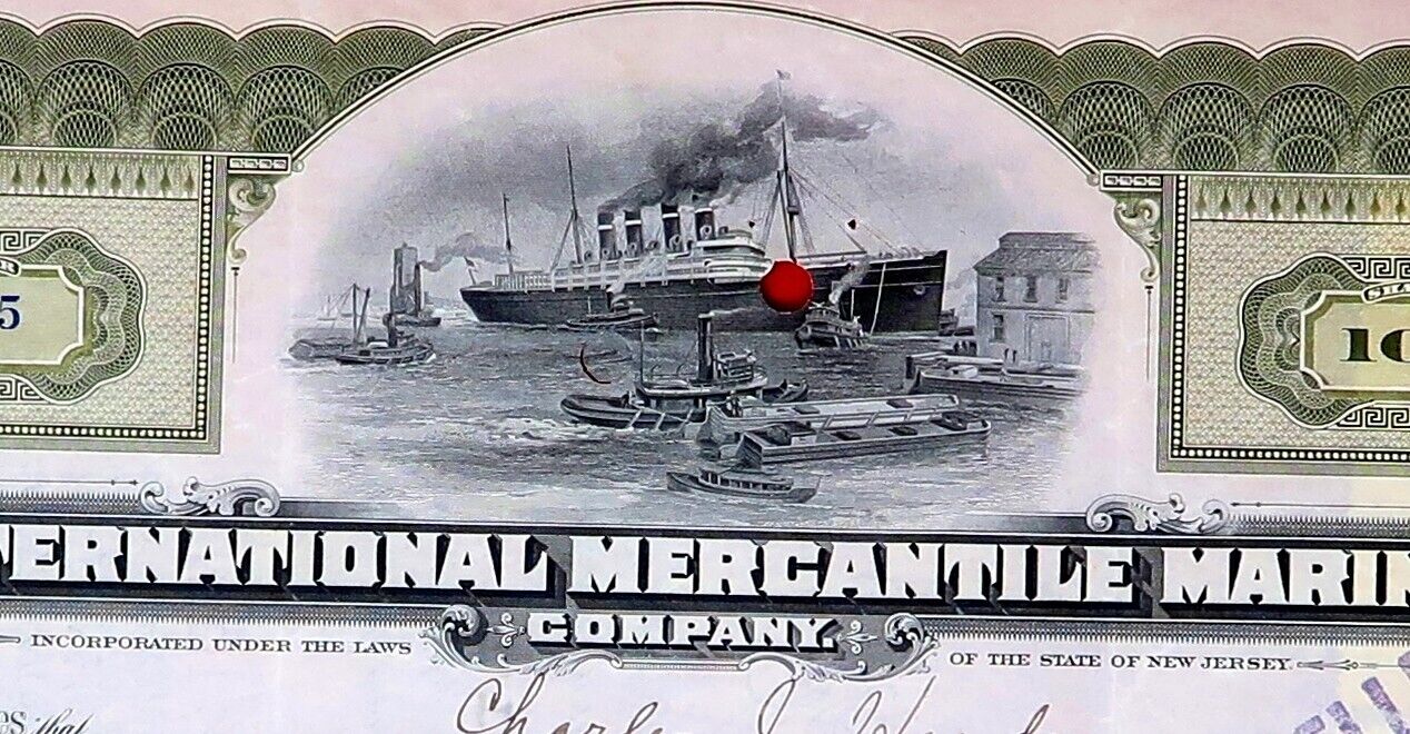 1919 Antique International Mercantile Marine 100 Shares Stock, 6 Stamps on Back