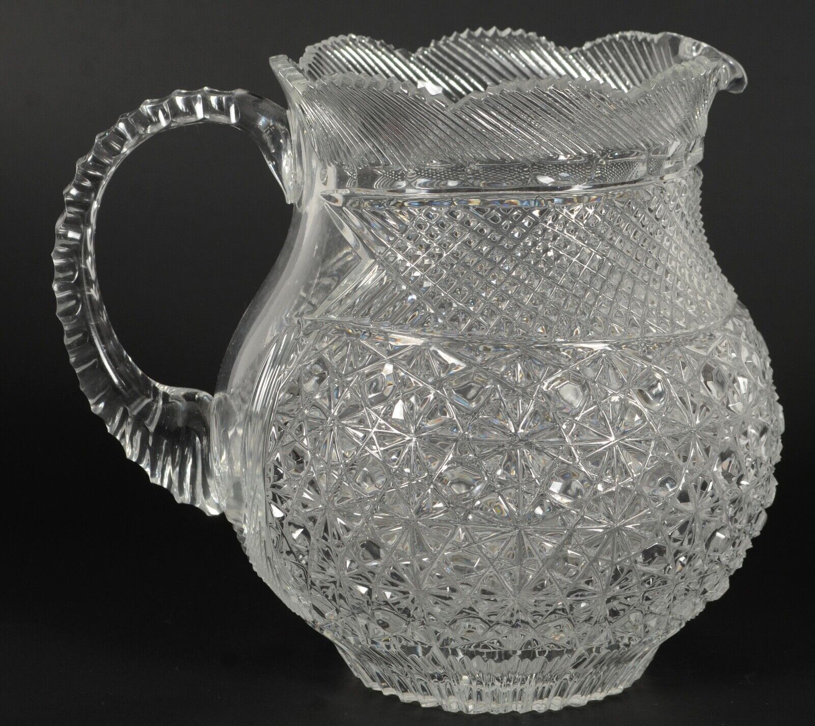 American Brilliant ABP Cut Daisy & Button Glass Ball Water Pitcher