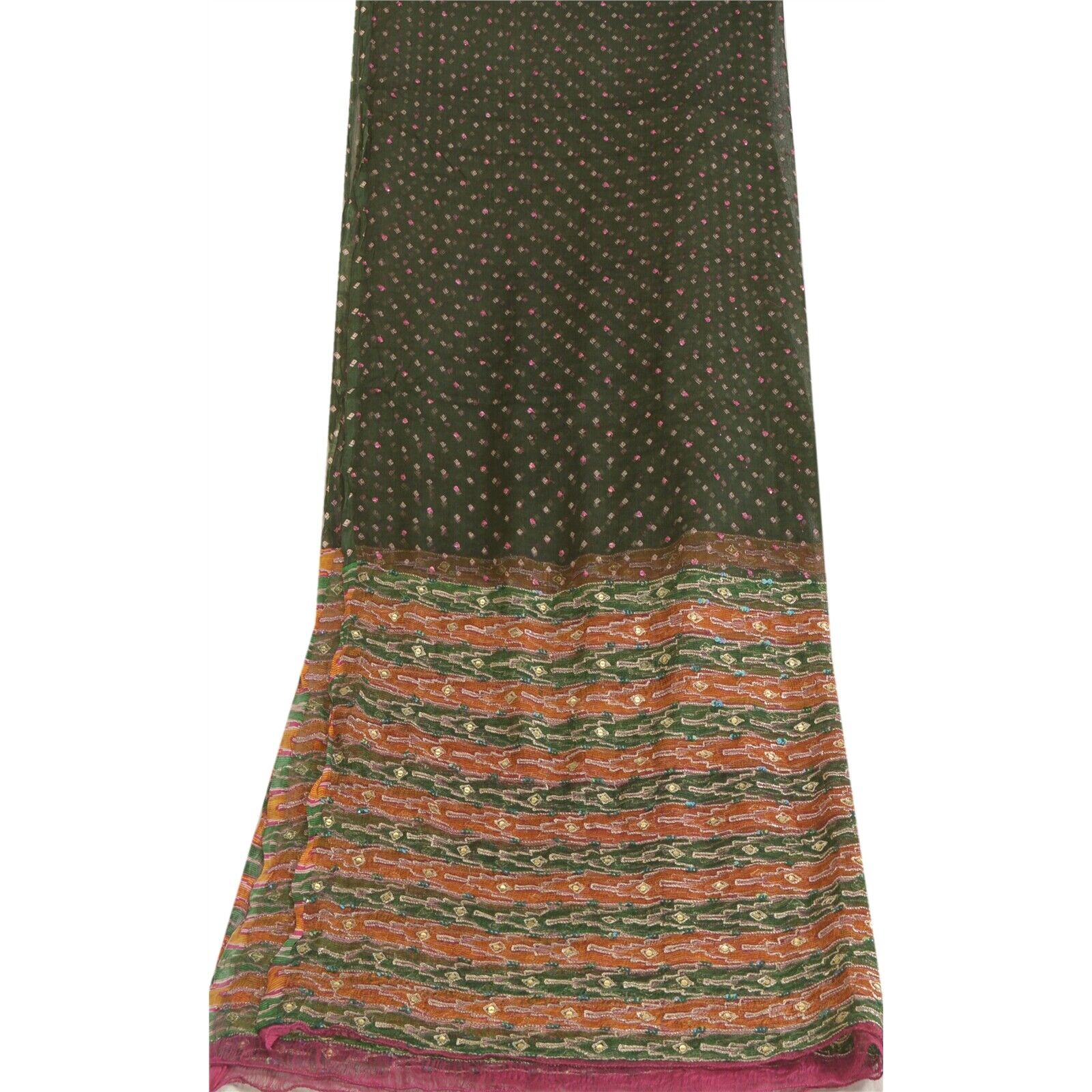Sanskriti Vintage Long Green Dupatta/Stole Pure Chiffon Silk Hand Beaded Scarves