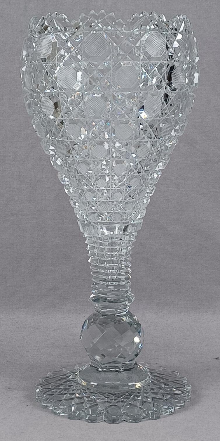 ABP American Brilliant Period Cane / Hobnail Cut Glass 13 3/4 Inch Vase