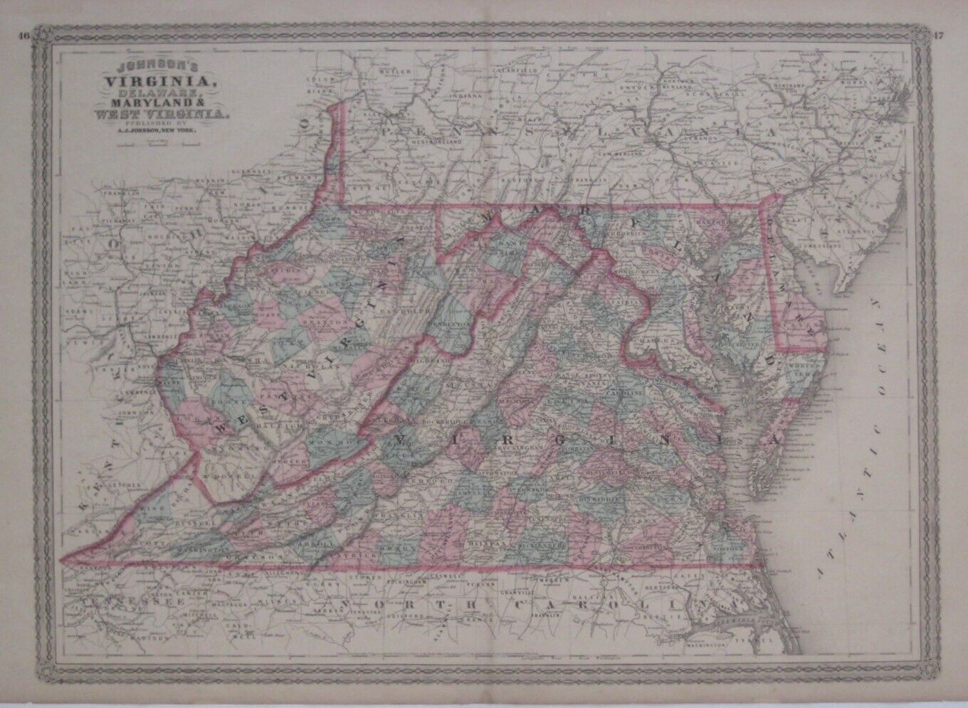 Original 1873 Antique Map JOHNSON\'S VIRGINIA DELAWARE MARYLAND WEST VIRGINIA