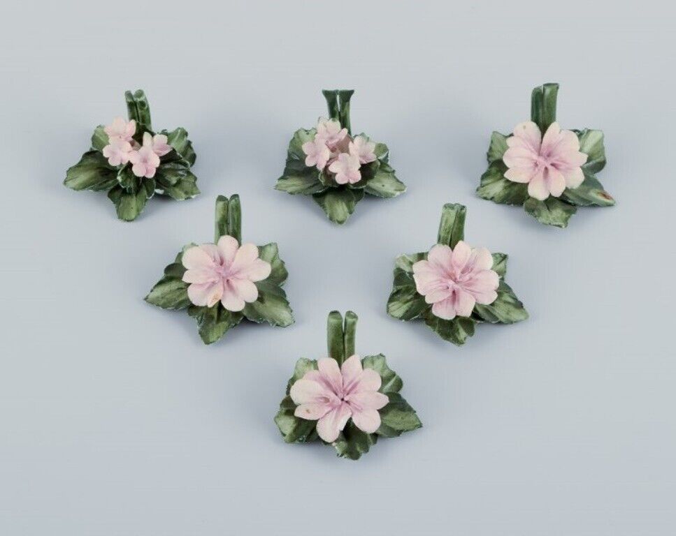 Capodimonte, Italy, six porcelain table card holders shaped like water lilies