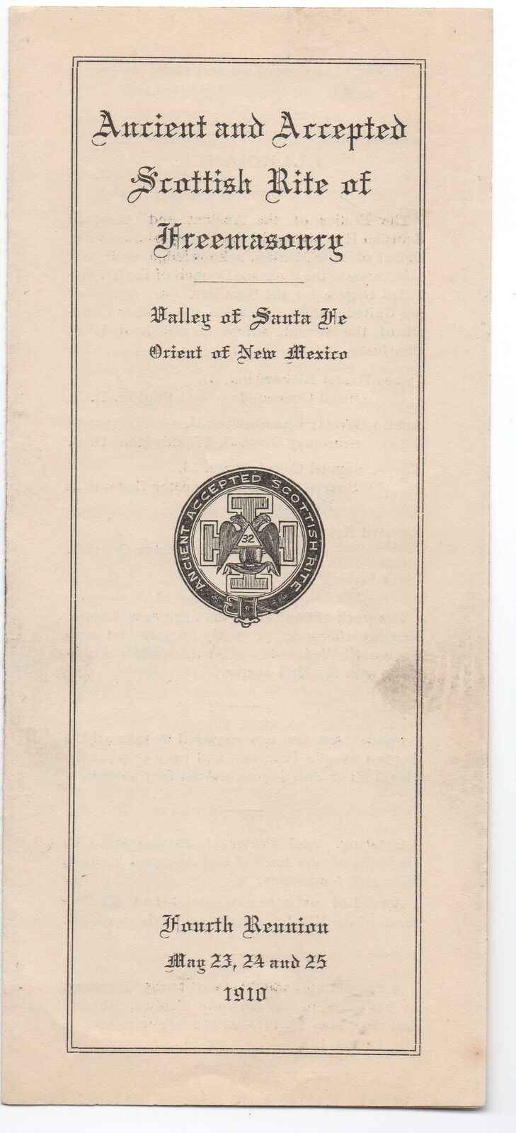 1910 Program from the 4th Reunion of the Freemasons at Santa Fe New Mexico