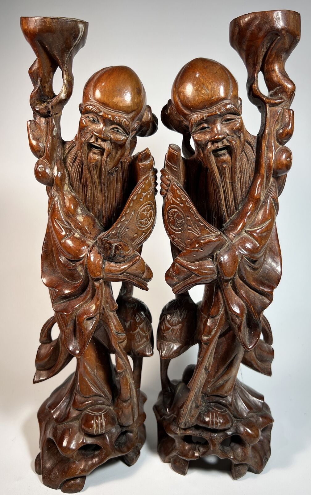 Antique Hand Carved Wood Shoulao SHOU LAO LONGEVITY GOD Figurines Set RARE TWINS