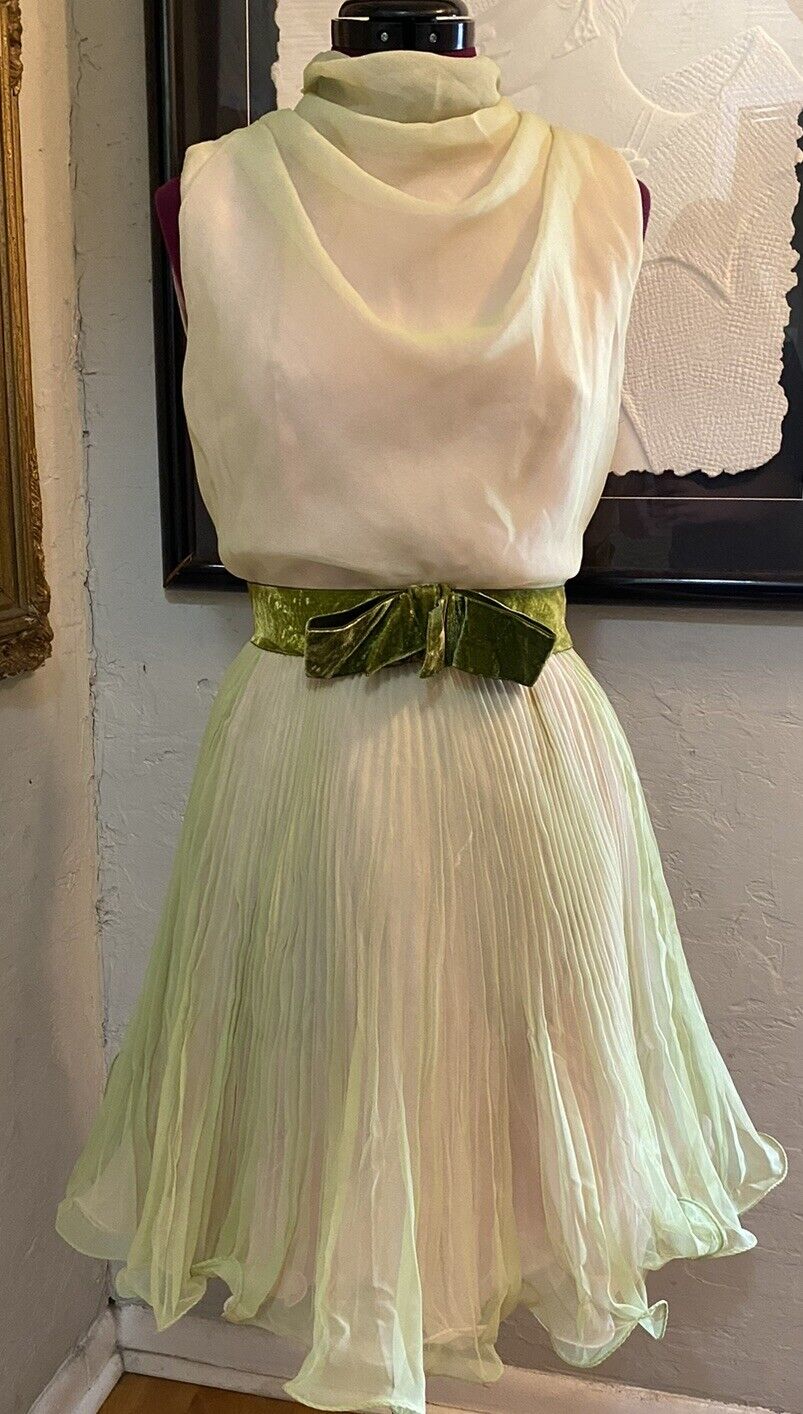Vintage 60’s Dress Sheer Chiffon Overlay Pink Green Ruffled Pleated Princess S/M