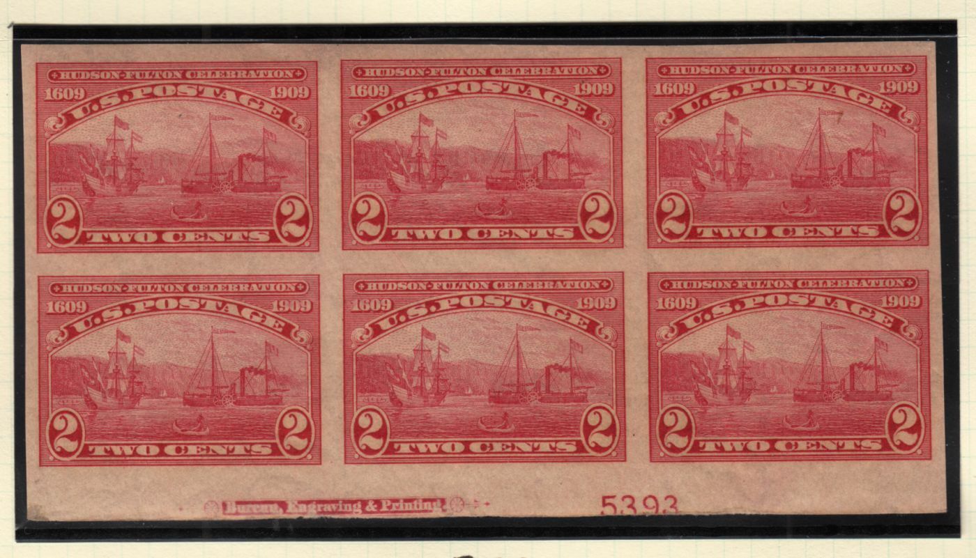 1909 HUDSON FULTON Sc 373 imperf MNH nice original gum, plate block 5393B