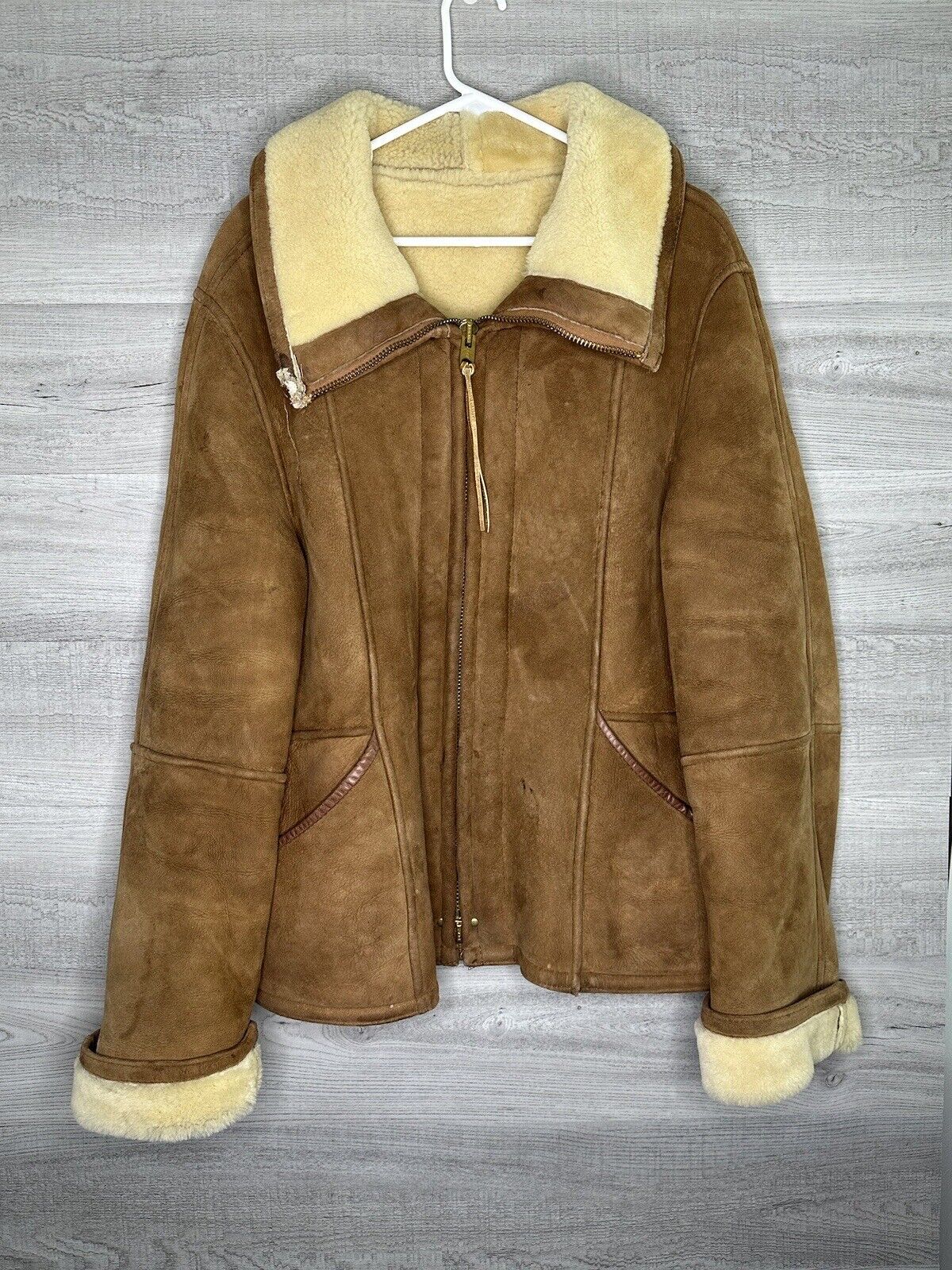Vintage French Creek Sz 42 Sherling Sheep Skin Leather Coat Brown Two Way Zip