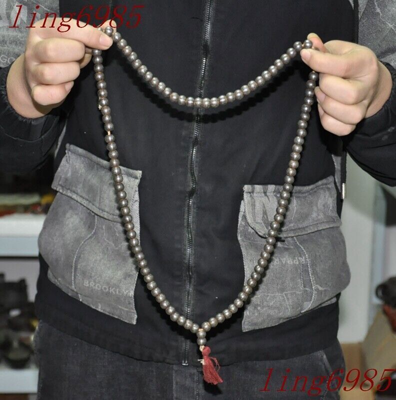 Old Tibet Meteorite iron Tiantie Om Mani Padme Hum Buddha beads amulet necklace