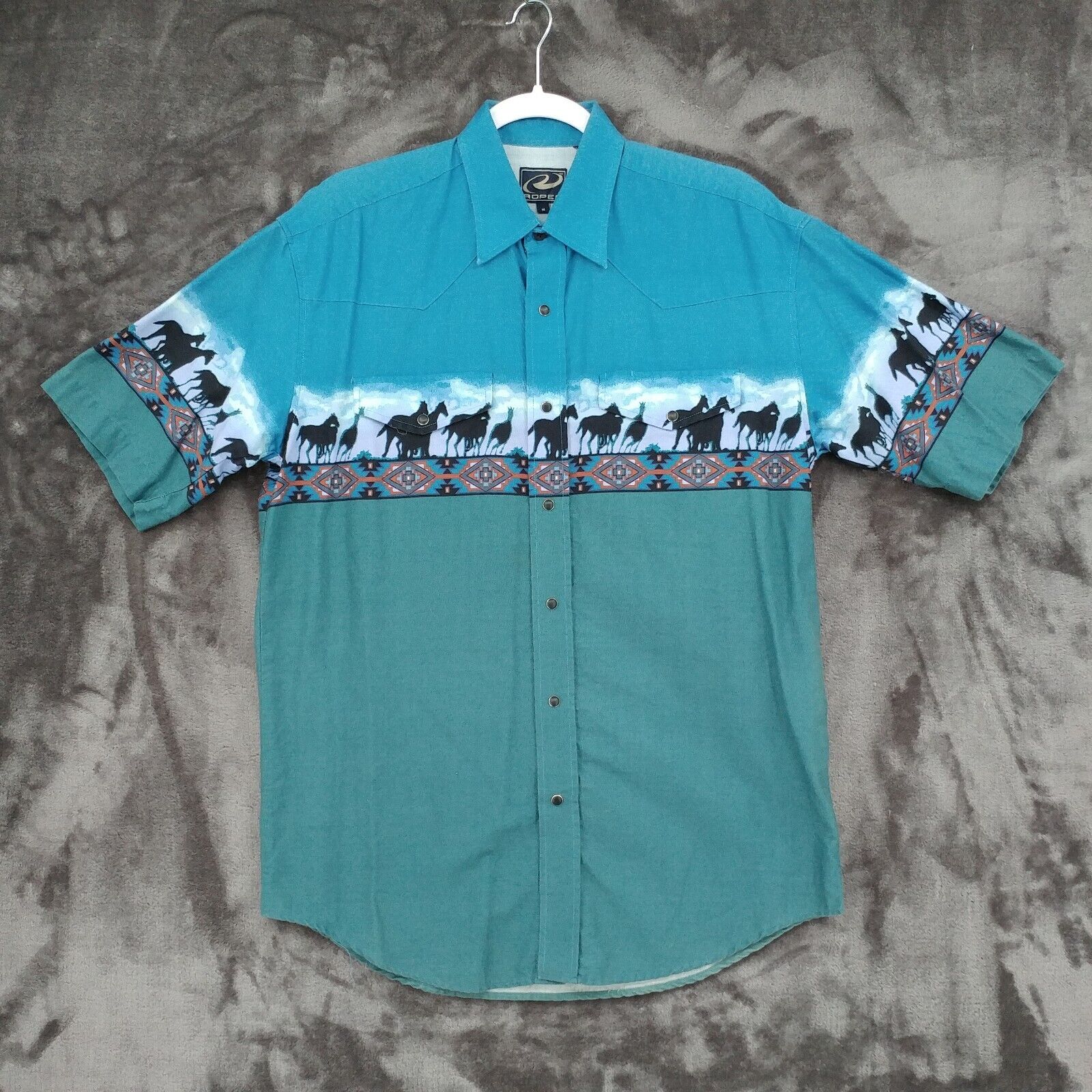 Roper Mens Medium Blue Aztec Horse Pattern Cotton Twill Pearl Snap Western Shirt