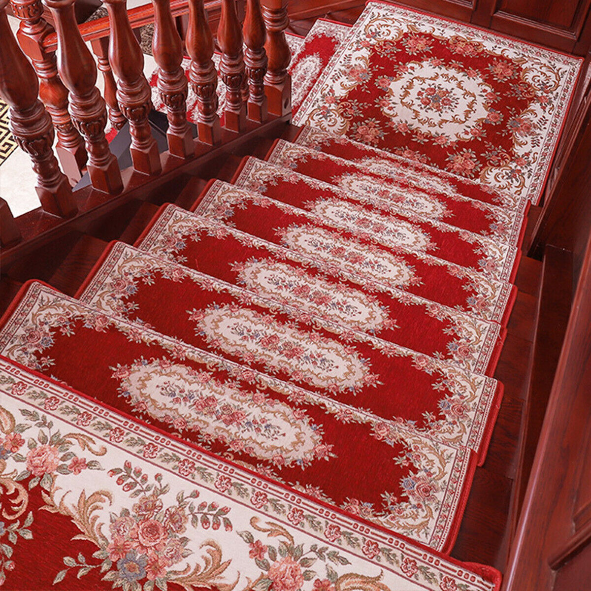 Elegant Floral Self-adhesive Stairs Carpet Non-Slip Rug Stair Treads 32\'\'X 9.5\'\'