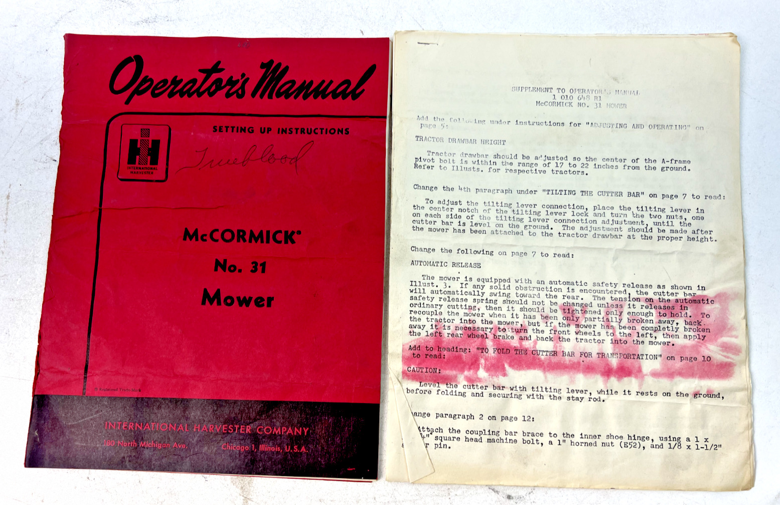 Vintage 1955 IH: McCormick No. 31 Mower Operator's Manual