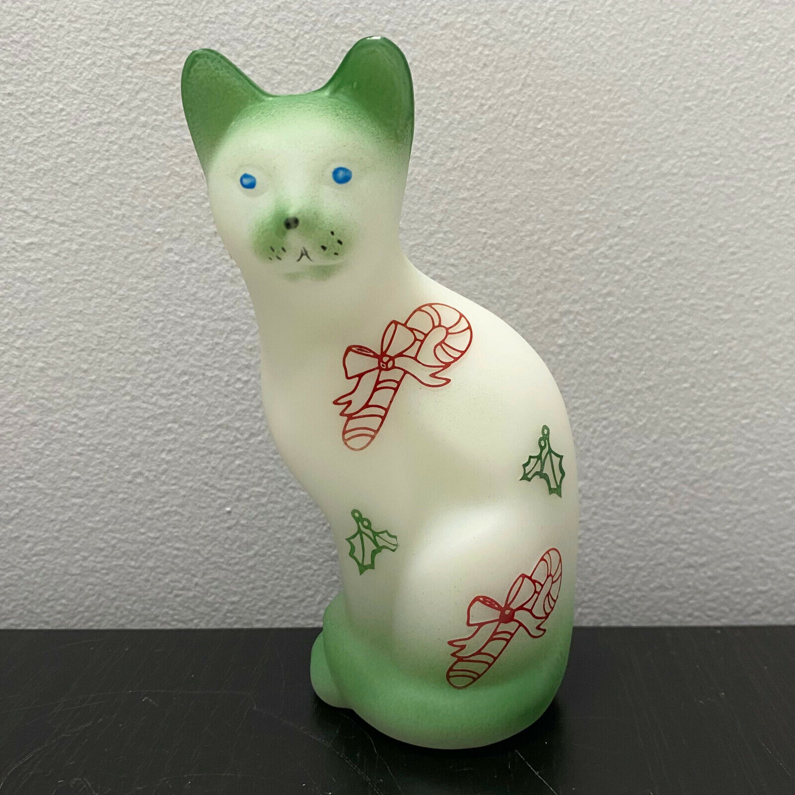 Fenton Glass Opal Satin Stylized Sitting Cat Rosso HP Red Candy Cane Limited Ed.