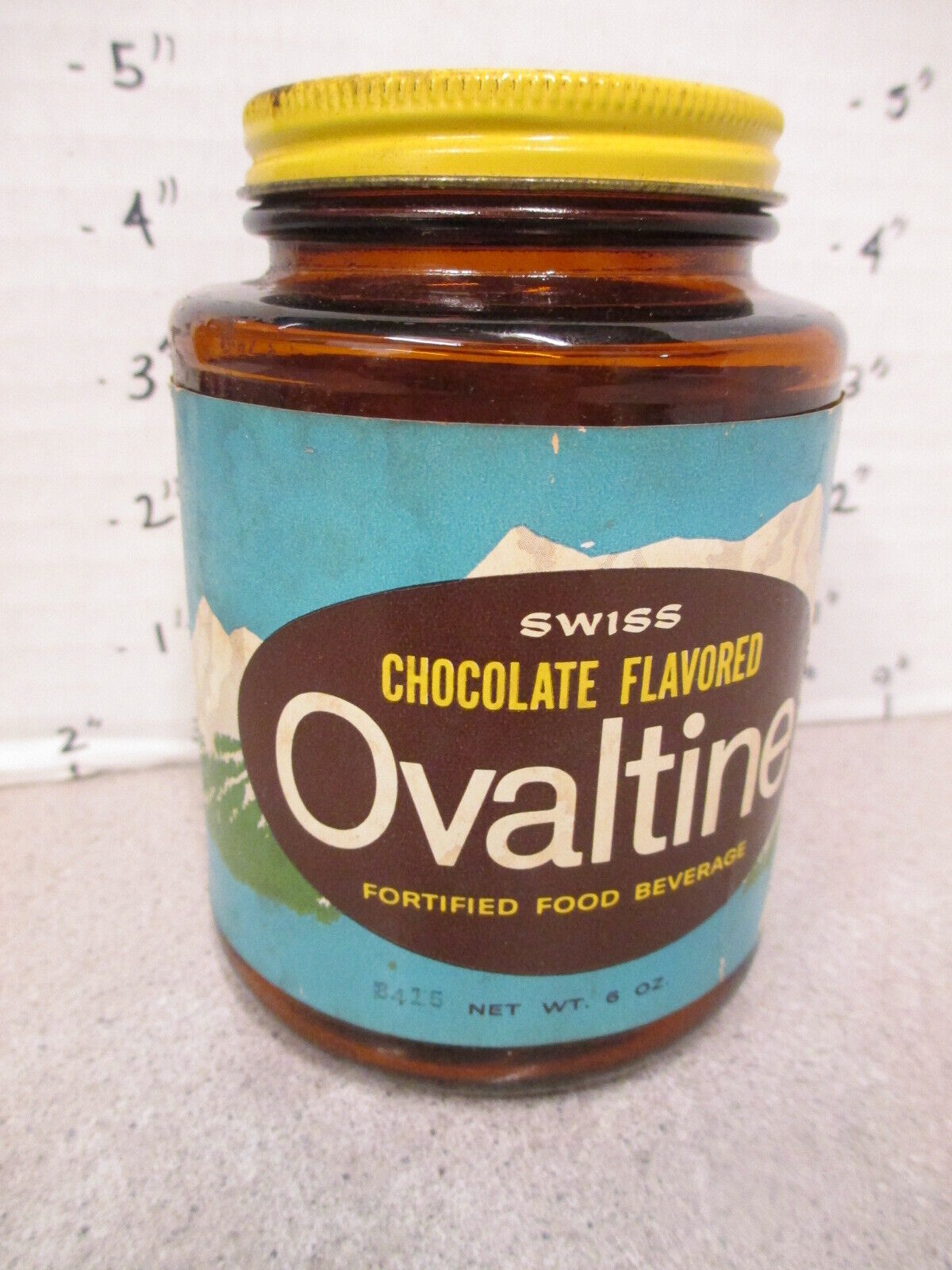 OVALTINE 1960s amber glass jar chocolate drink mix food beverage SWISS alps