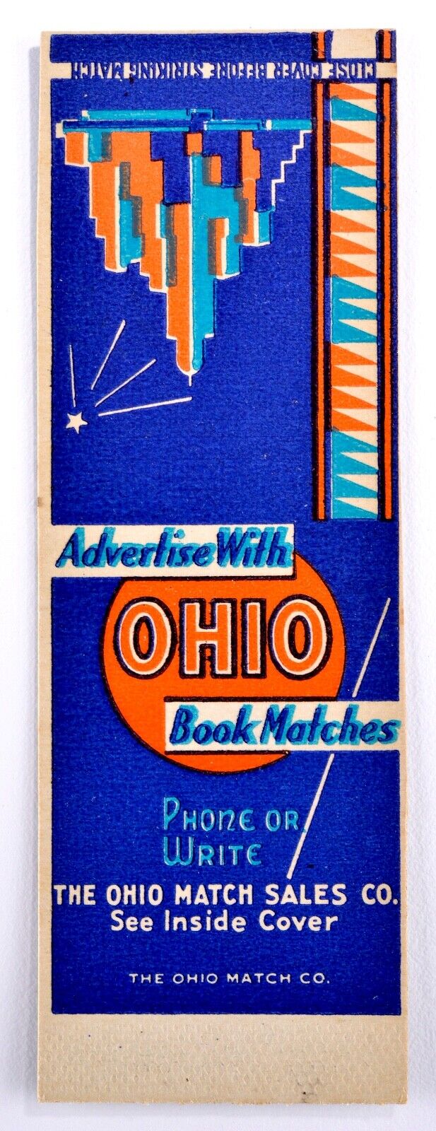 Vintage 1930’S ART DECO OHIO BOOK MATCHES - MATCH SALES CO. MATCHBOOK COVER #42