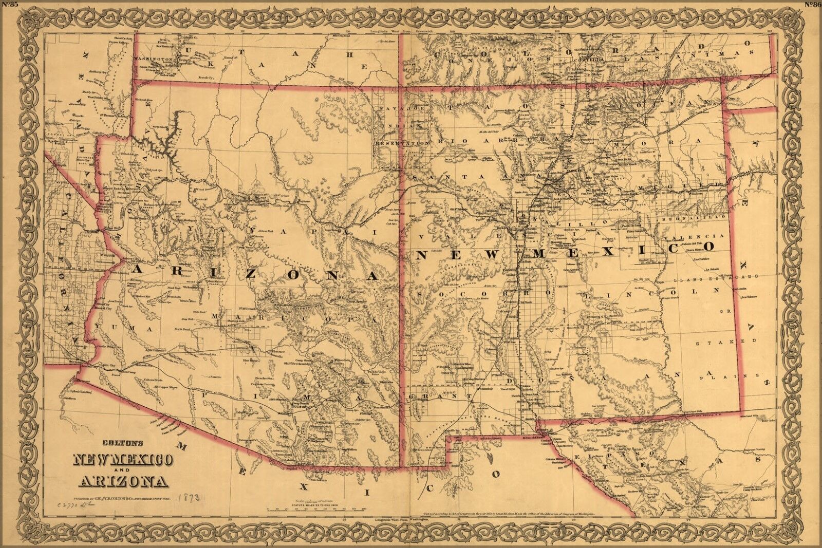 Poster, Many Sizes; Colton\'S Map Of New Mexico And Arizona 1873