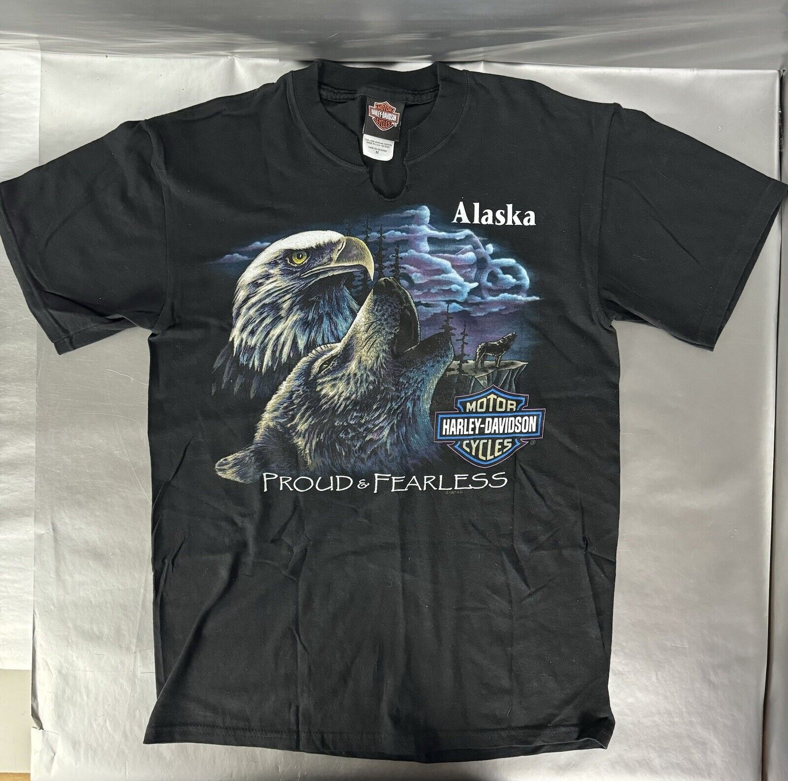 Vintage 1997 Harley Davidson Wolf & Eagle T-Shirt Size M 90s Soldotna Alaska