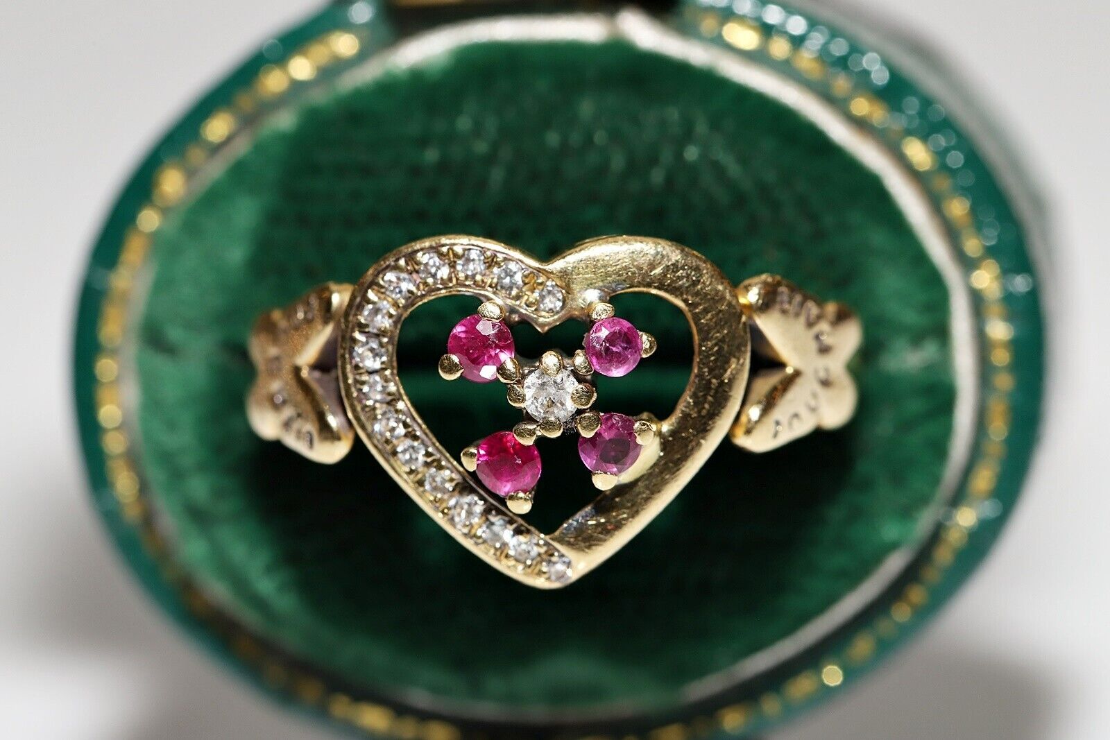 Vintage Circa 1960s 18k Gold Natural Diamond And Ruby Heart Ring