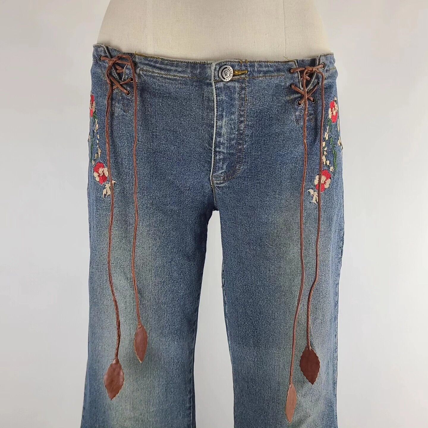RARE Vintage Y2K CL Jeanswear Low-Rise Flared Lace Up Floral Embroidered Jeans 