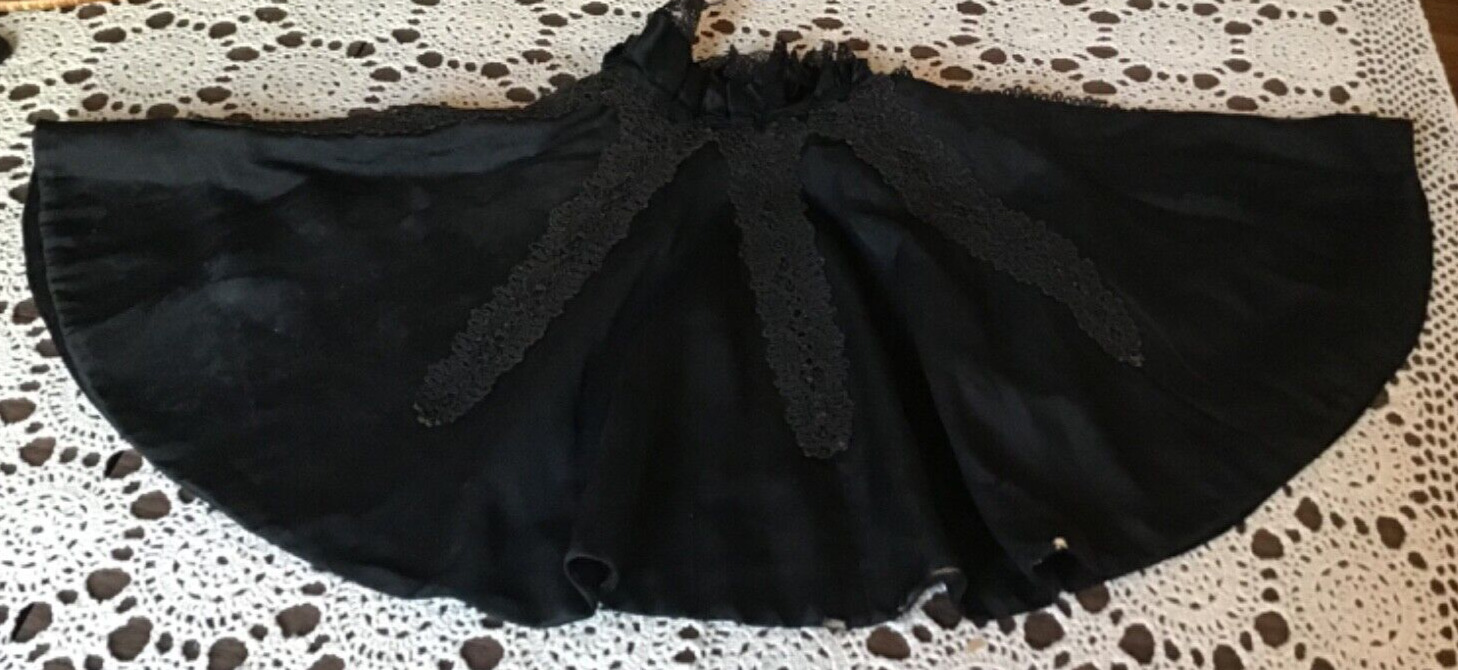 Victorian type,  Short, Black Satin Cape with black lace applique