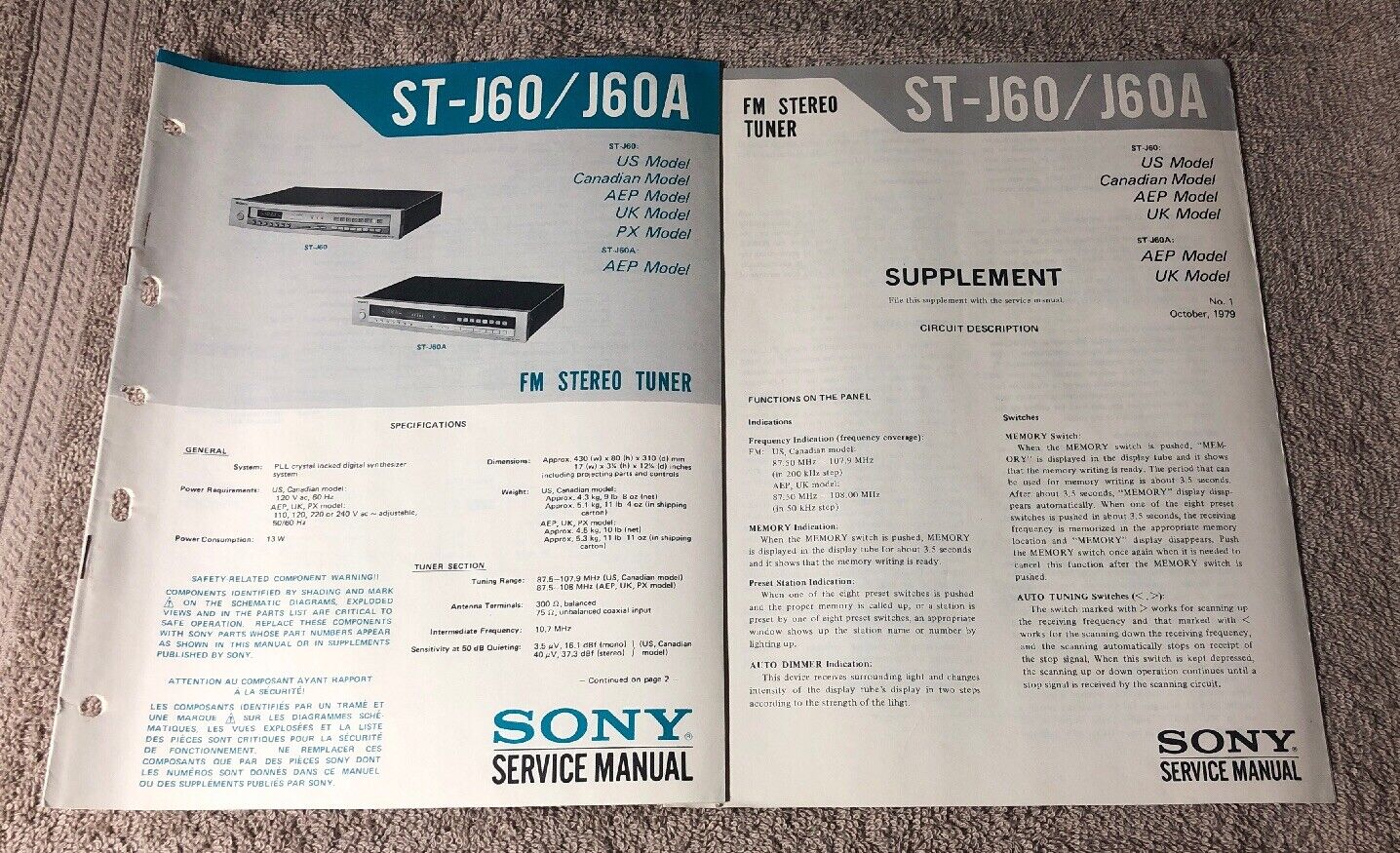 SONY ST-J60/J60A TUNER ORIGINAL SERVICE MANUAL SCHEMATIC WITH SUPPLEMENT M739x