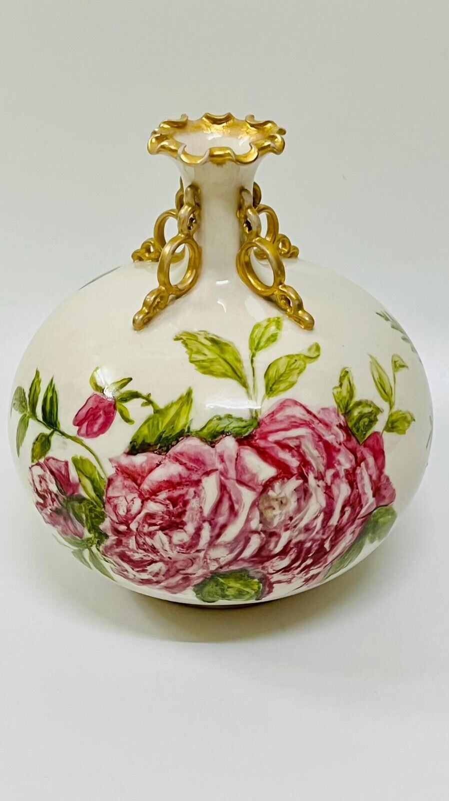 ANTIQUES BELLEEK 1884-1905  HAND PAINTED ROSES FLOWERS VASE, 8\