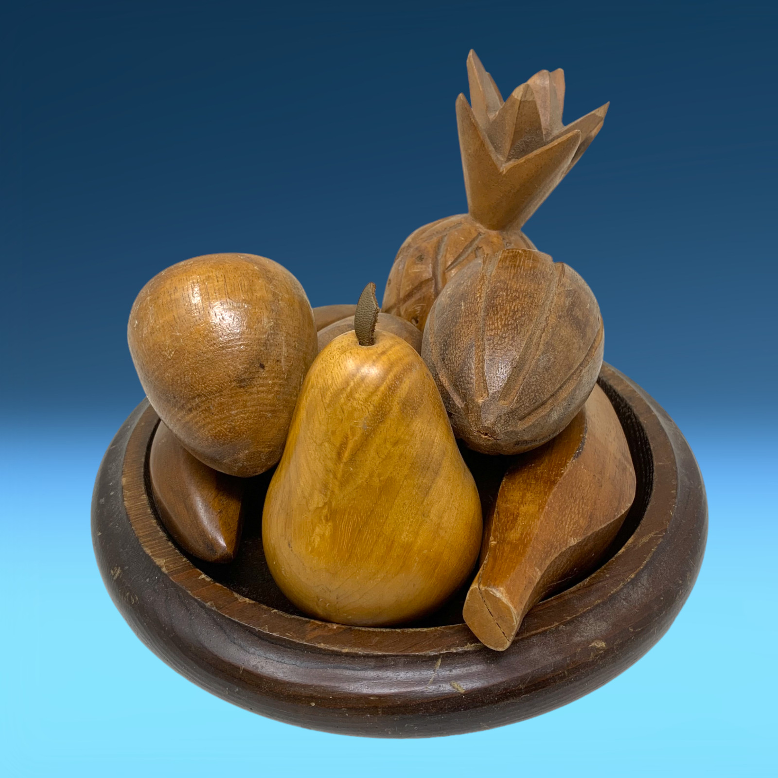 Vintage Mid-Century Modern MCM Wooden Fruit Bowl + 7 Pc Fruit Handmade OOAK