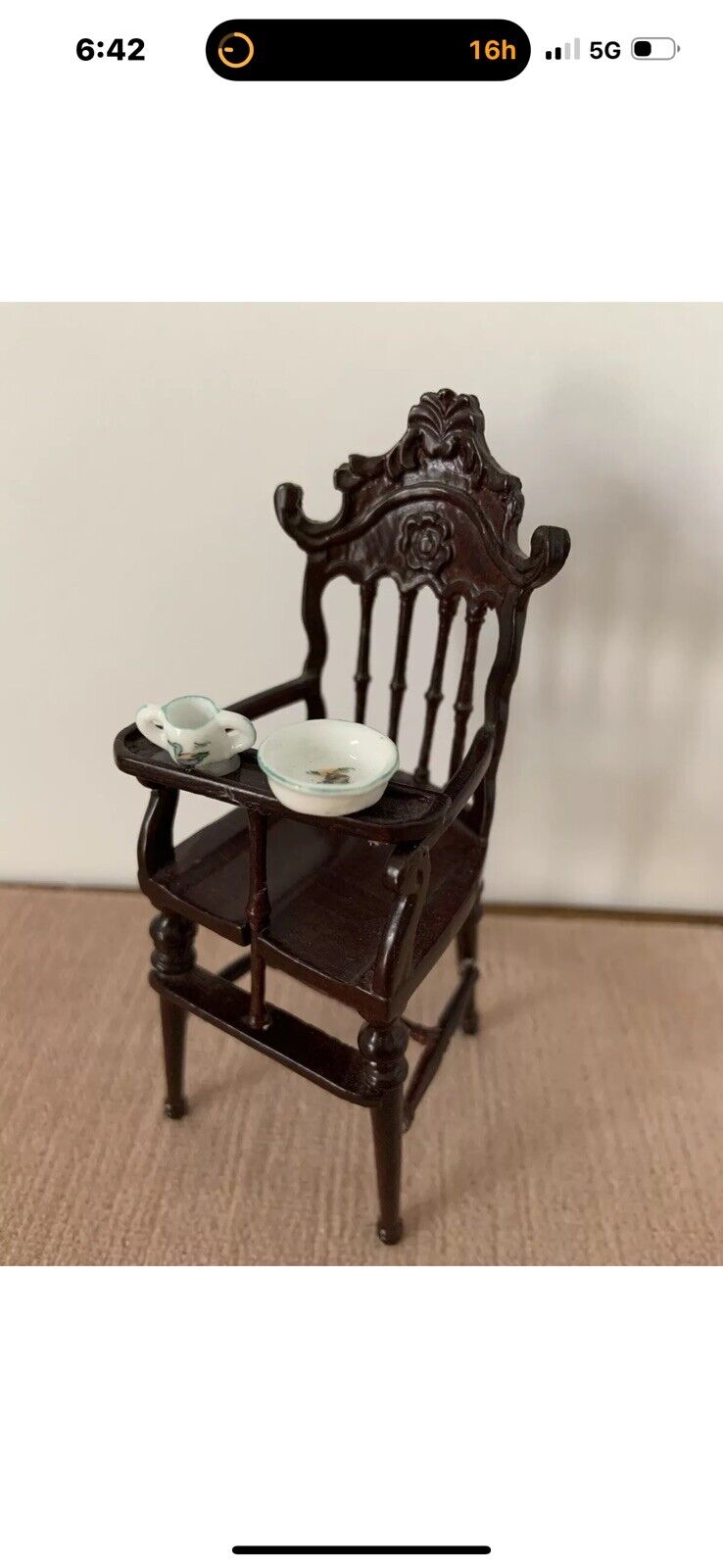 Vtg Bespaq miniature dollhouse Mahogany Victorian highchair, 1:12