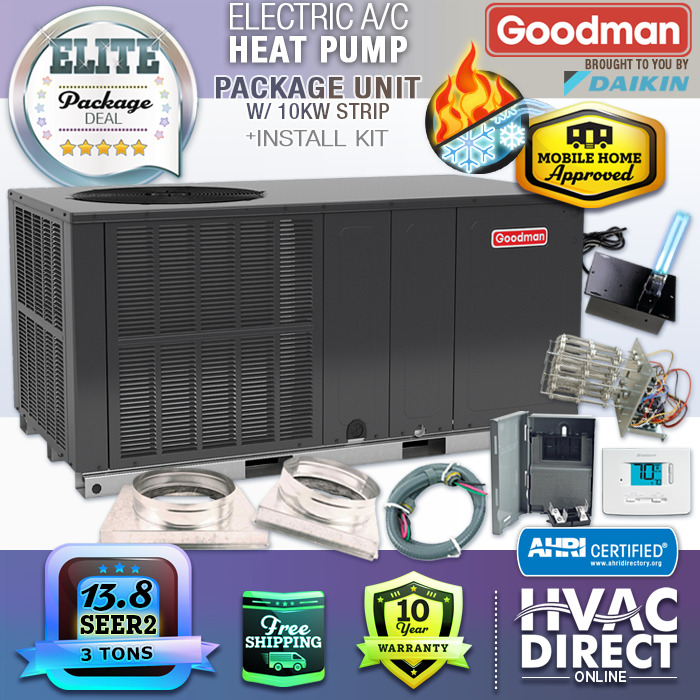 3 Ton 13.4 SEER2 Goodman Central AC Heat Pump Package Unit System + Install Kit