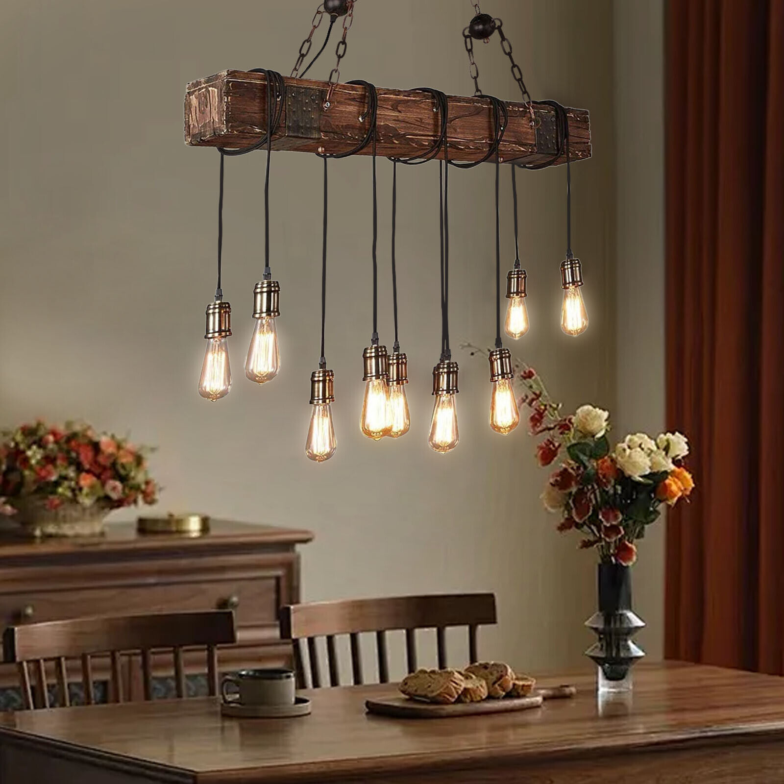 39\'\' Vintage Wood Pendant Light Linear Hanging LED Lamp Chandelier for Farmhouse