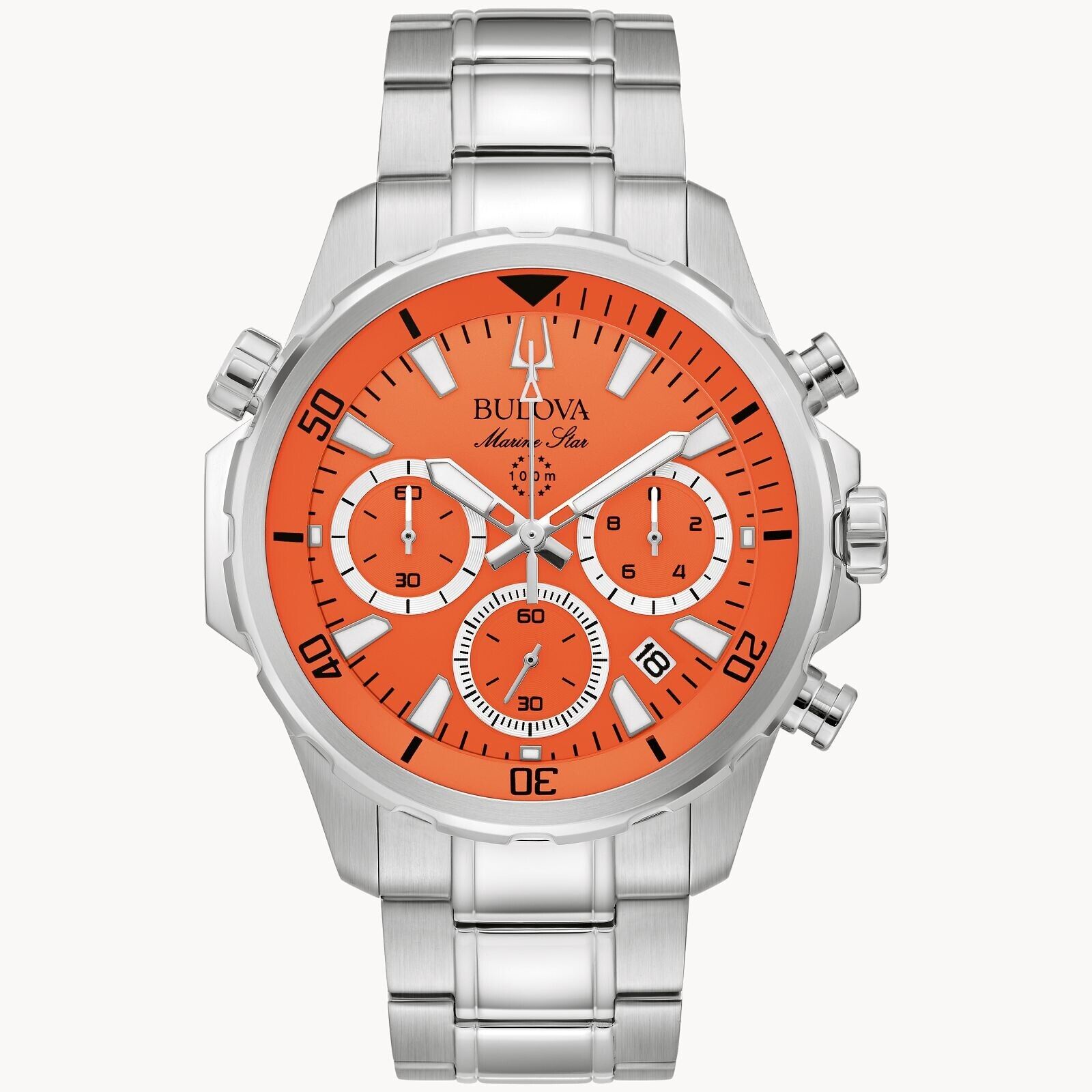 Bulova Marine Star 96B395 Quartz Men's Wrist Watch Orange dial silver steel band