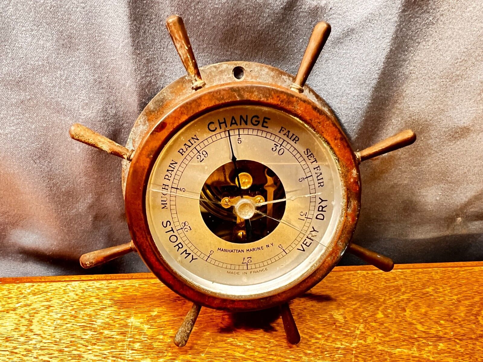 Antique Ship Brass Barometer Rare Manhattan Marine New York Nautical Maritime