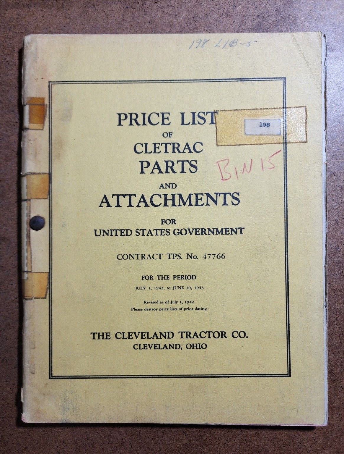 1943 CLEVELAND TRACTOR COOMPANY Price List of Cletrac Parts / U.S. Government
